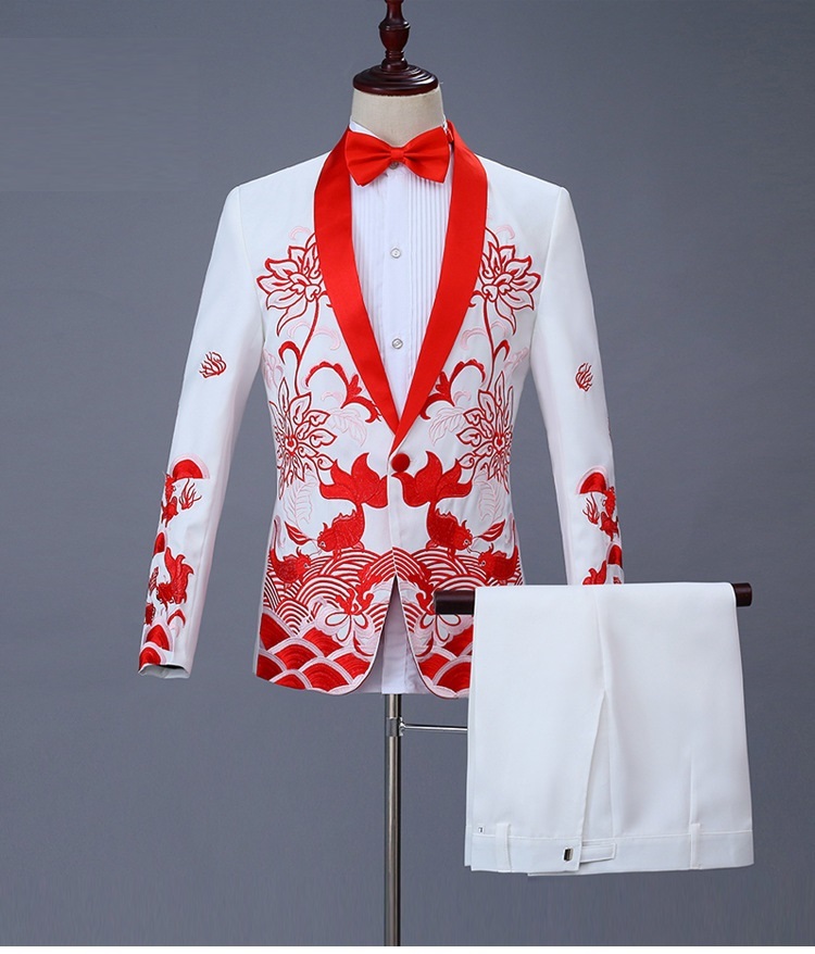 ST02-13e新品 上質 2点セット 刺繍柄 ホワイト(白)+赤刺繍 5色の展開メンズ スーツセット タキシード上着 ズボンM L-3XL演奏会舞台衣装