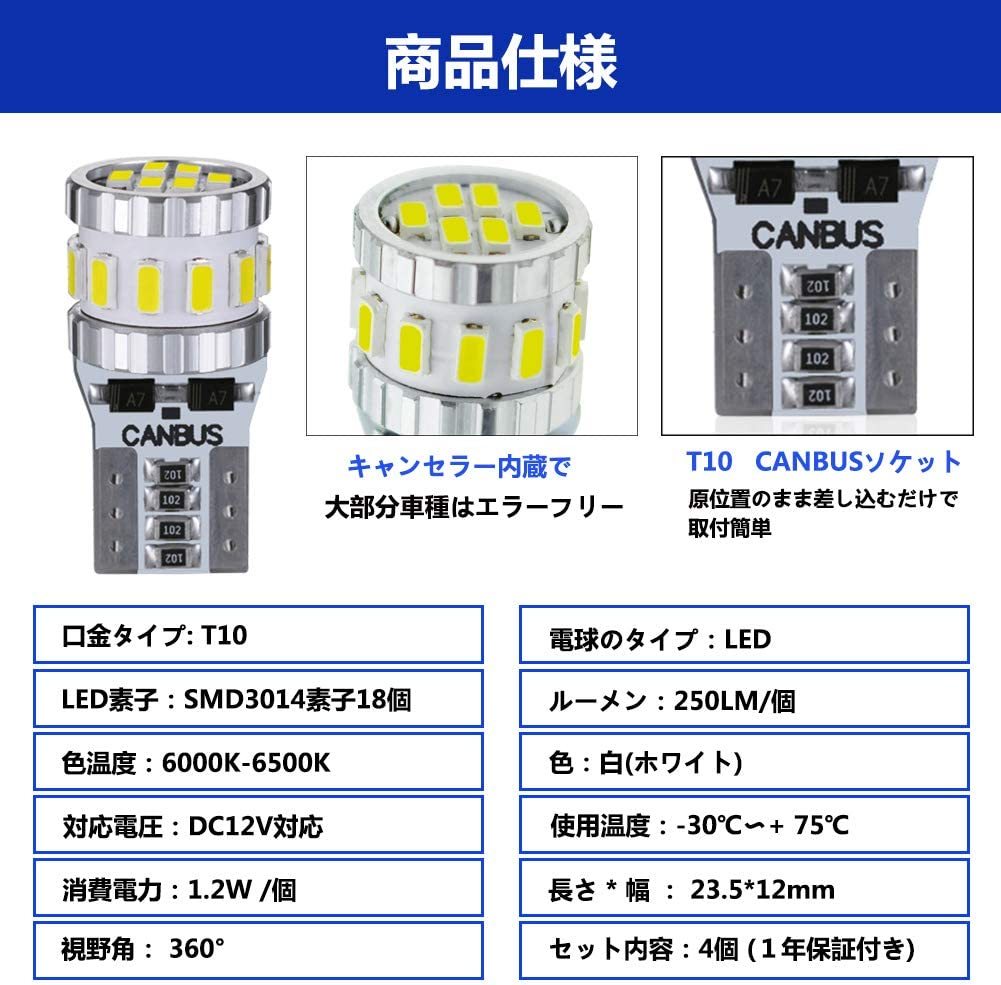 『送料無料』T10 LED ホワイト 爆光 4個 キャンセラー内蔵 3014LEDチップ18連 12V 車用 ポジション 4個 白 GO ランプ ライト バルブの画像5