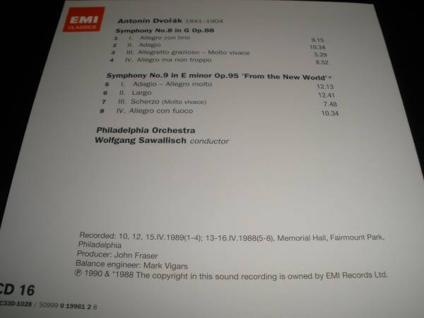 サヴァリッシュ ドヴォルザーク 交響曲 8番 第9番 新世界より フィラデルフィア管弦楽団 Op 88 95 EMI オリジナル 紙ジャケ_サヴァリッシュ ドヴォルザーク 8番&9番