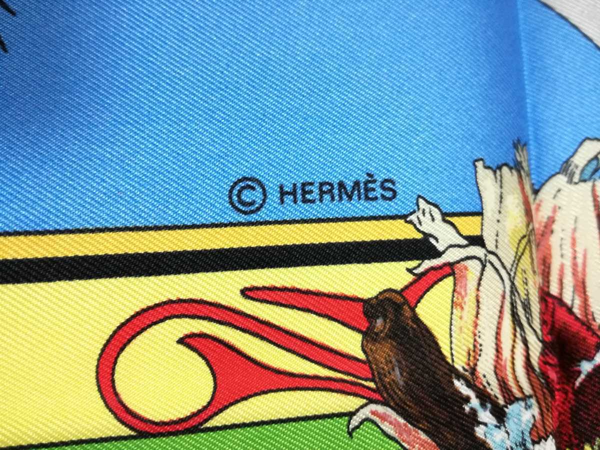 美品 HERMES エルメス カレ90 KACHINAS カチナ インディアンの守り神 民族柄 ブルー系 シルク スカーフ カレ 2-31