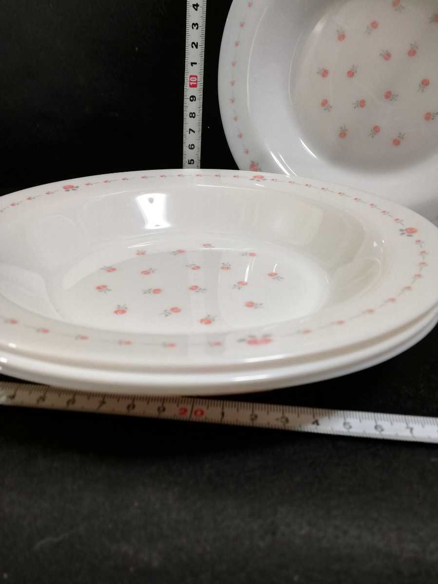S131.昭和レトロ 希少 アルコパル arcopal フランス製 ピンク 花柄 薔薇 スープ皿 パスタ皿 4枚 ミルクガラス/80の画像3