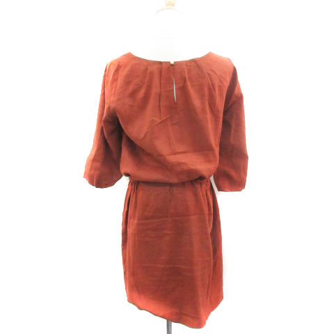  Ships SHIPS One-piece knee height 7 minute sleeve round neck ribbon Brown tea /YM17 lady's 
