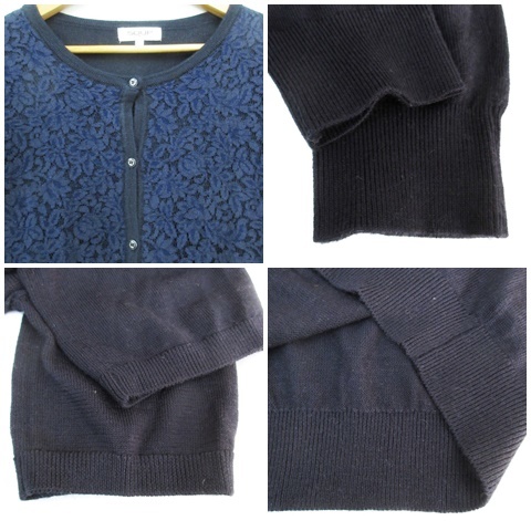  soup ensemble knitted cardigan thin middle height switch race cut and sewn short sleeves U neck plain 11 navy blue navy /FF29 lady's 