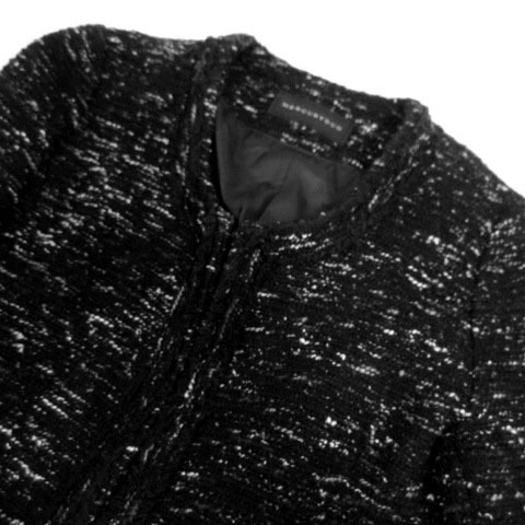 マーキュリーデュオ MERCURYDUO ジャケット ノーカラー ツイード フリンジ ウール混 ブラック 黒 ホワイト 白 ブルーグレー F_画像2