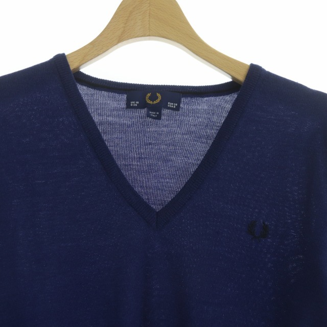 Fred Perry FRED PERRY knitted wool sweater long sleeve pull over Logo embroidery V neck 6 blue blue /AA #OS lady's 