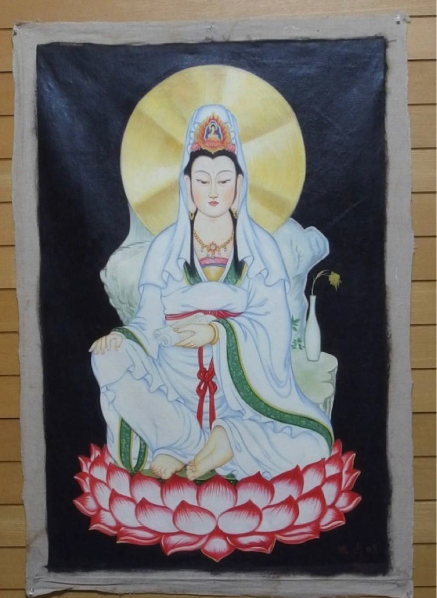 本日特別価格　H074  特大サイズ 手描き油絵 蓮上観音 (宗教画 ハス 神 開運 花 油彩)在銘「陳逸鳴」