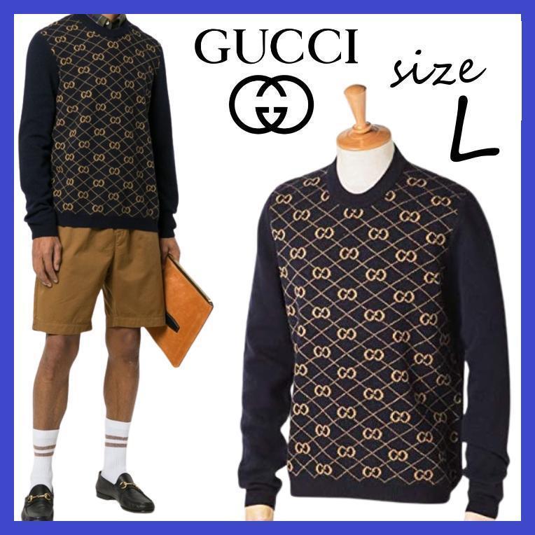 参考価格171,000円 GUCCI グッチ GG ニット セーター ウール アルパカ L トップス INK/MC 626288-XKBFB-4795  イタリア製 ネイビー ベージュ