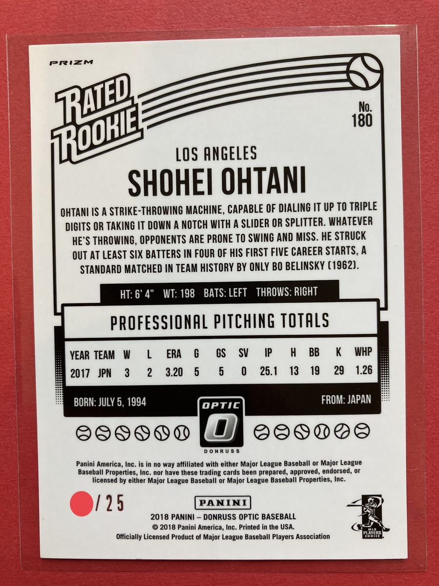 25枚限定 大谷翔平 ルーキーカード ブラックプリズム パラレル /2018 Panini Donruss Optic Brack Prizm RATED ROOKIE Card SHOHEI OHTANIの画像6