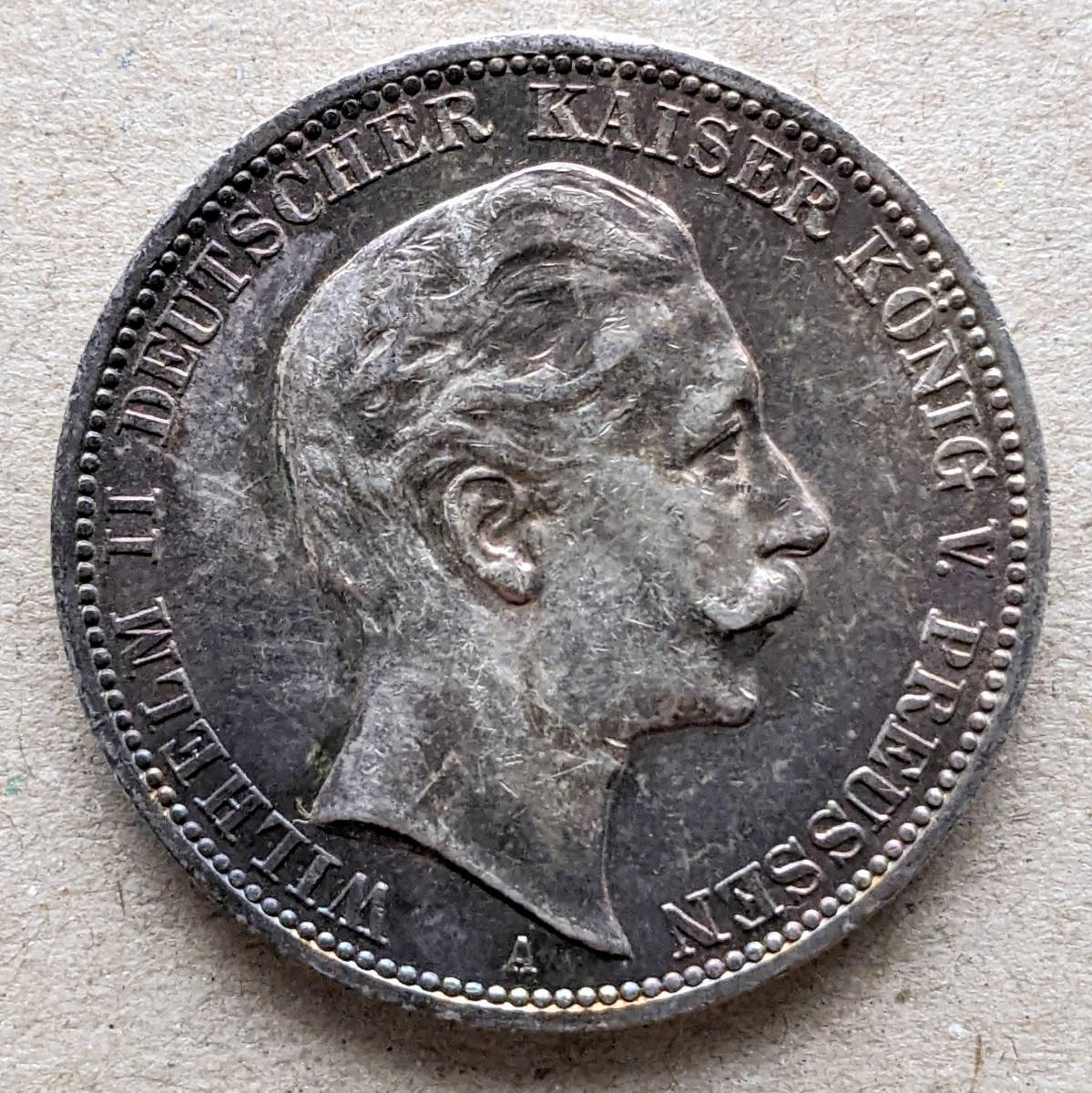 1912年 ドイツ プロイセン ヴィルヘルム2世 3マルク 銀貨 EF ベルリンミント_画像1