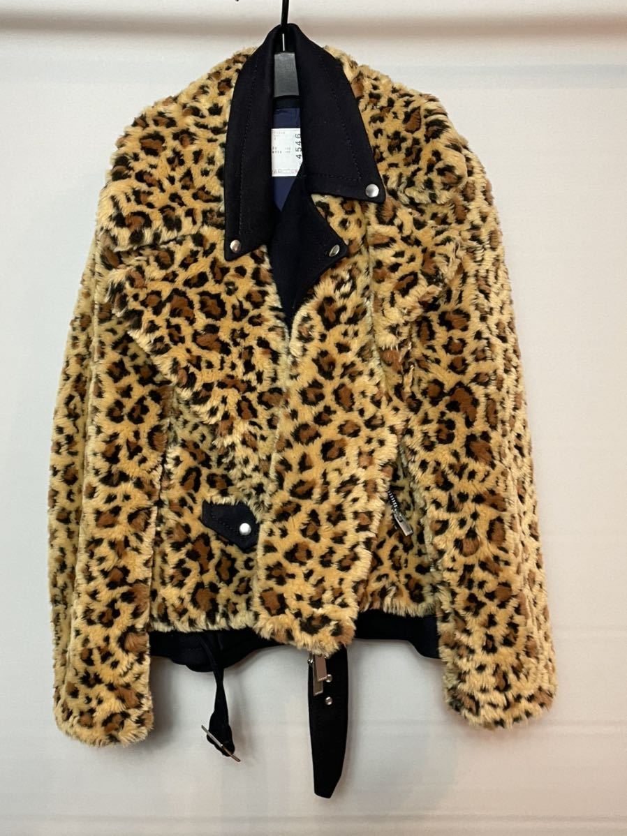 サイズ2 Sacai サカイ 19AW フェイクファー レオパード レイヤード ライダース ジャケット sacai Leopard Faux Fur  Jacket