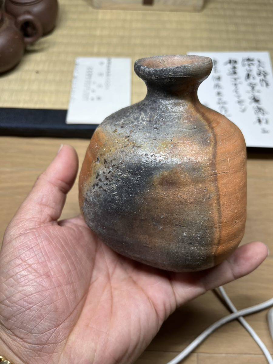 最上作　備前　人間国宝　金重陶陽　門下　酒器の神様　中村六郎　窯変徳利　黒田陶苑　個展作　中村眞　鑑定書　真っ赤_画像4