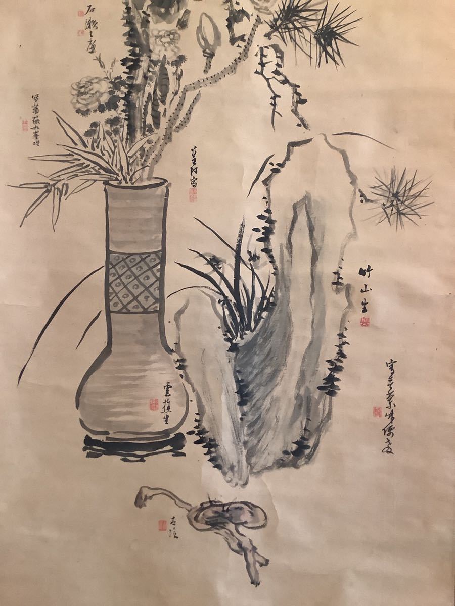 模写 室町-江戸時代 水墨画 仙人と鹿図 肉筆保証 掛け軸-