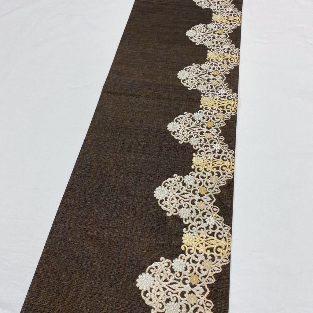 正絹 袋帯 西陣 まいづる ティアラ紋様 シルバー 藤色 未仕立て品