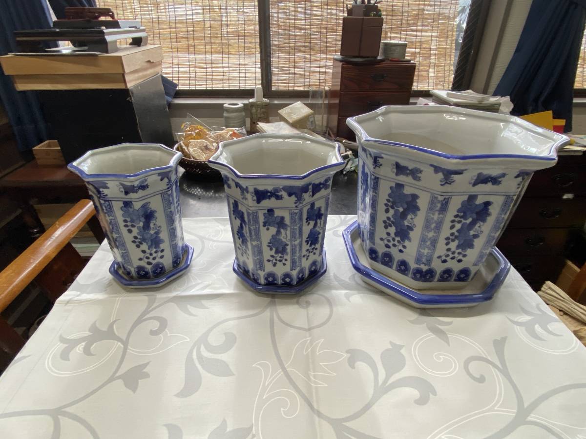 します 八角形 植木鉢 受け皿 草花模様 3つセット 中国? ノークレー