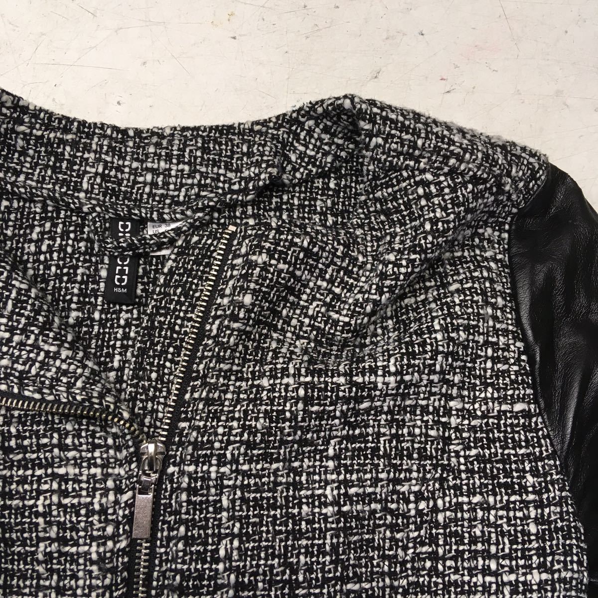  free shipping *H&M DIVIDED H and M * tweed jacket sleeve fake leather jacket *38 #50128sj107