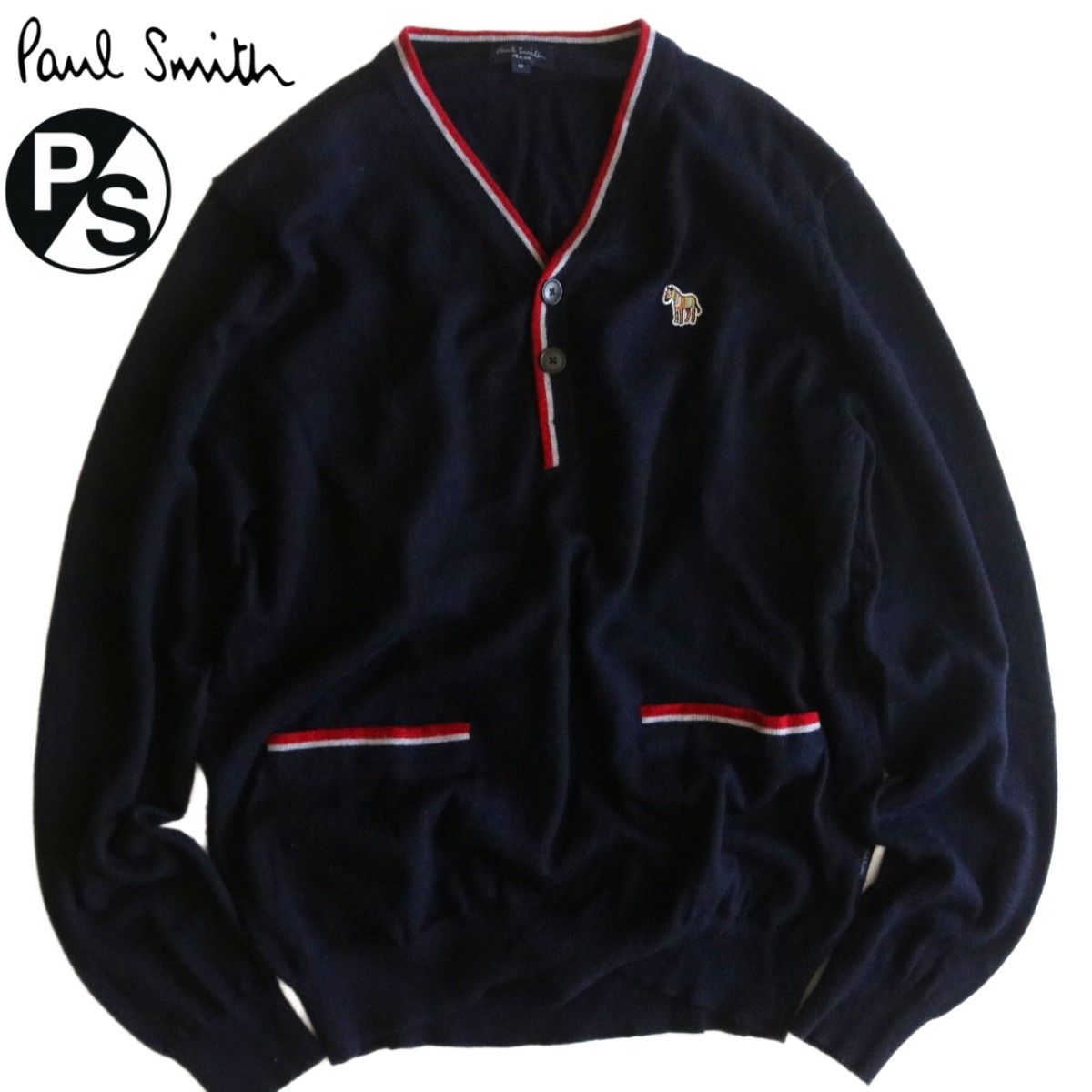 【PAUL SMITH】カシミヤ混 プルオーバーニット ポケット ロゴ 紺★