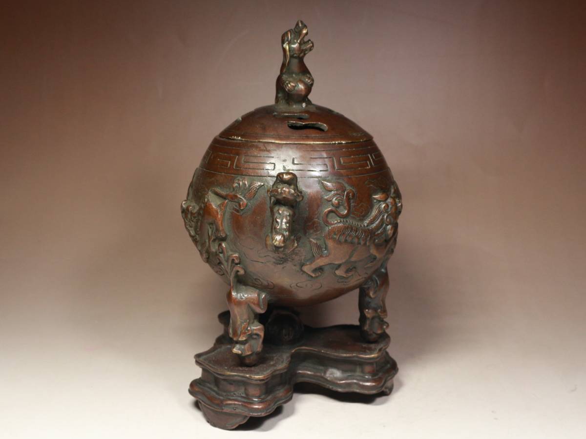 即納最新作 ヤフオク! - 中国古玩・古銅・大明宣徳・獅子双耳・三足香炉...
