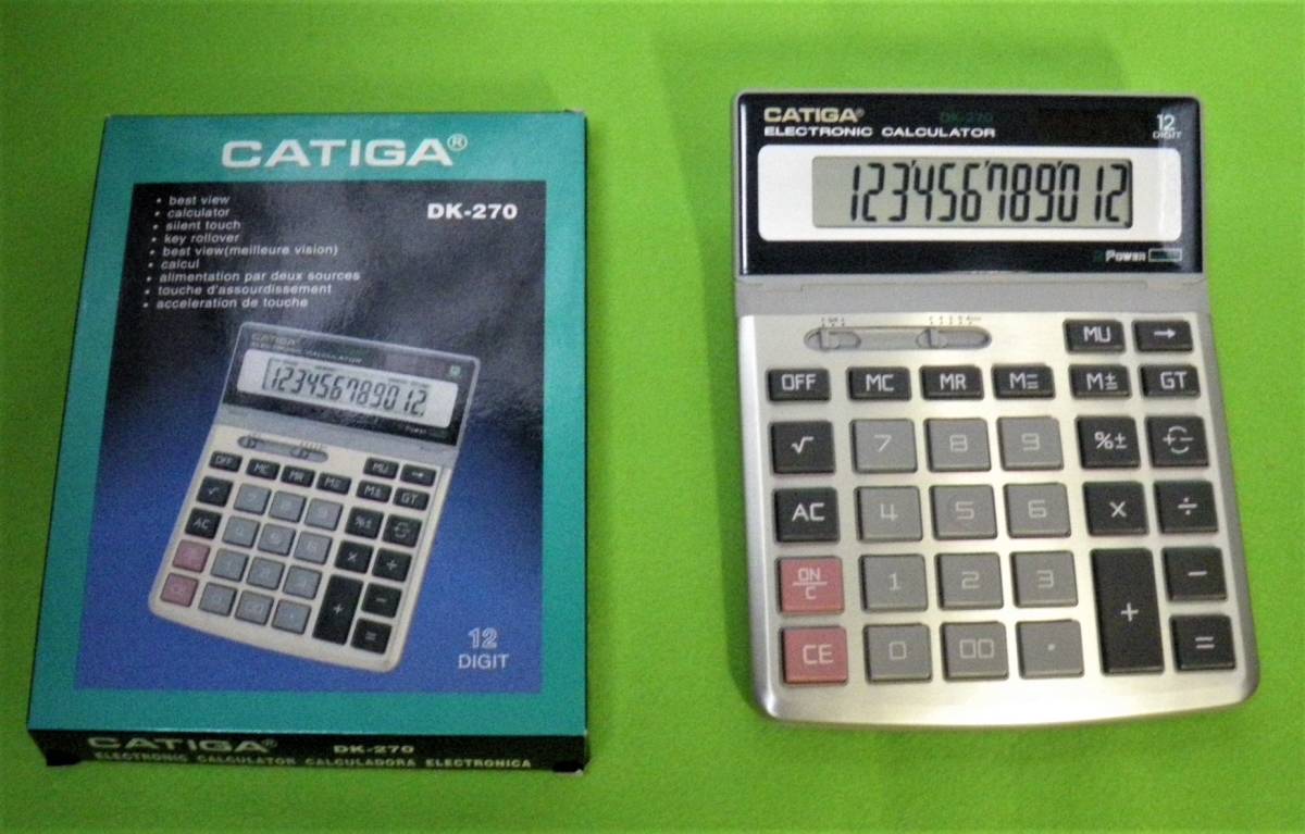 CA-5　 CATIGA DK-270　２POWER ディスクトップA5サイズチルト式12桁電卓　動作品　箱付き　　_画像1