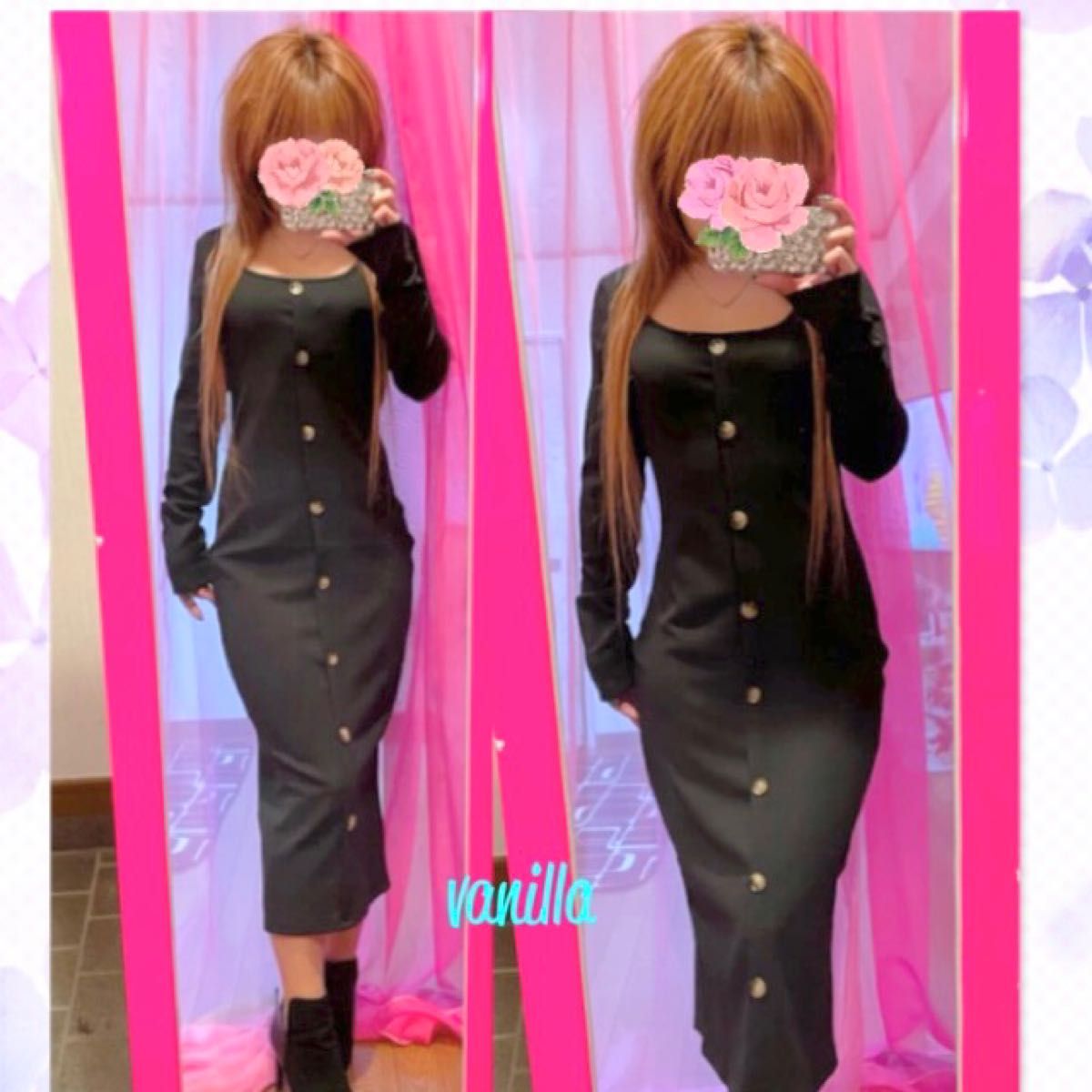 SHEIN】スクエアネック ボタン飾り 美ライン ロングワンピース 新品