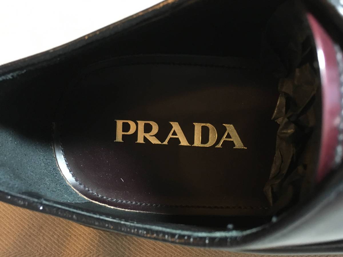 新品 本物 プラダ 15-16AW レザー メダリオン シューズ 9 PRADA 革靴 コレクション ボルドー ブラウン 茶 グレー コーティング ラバー