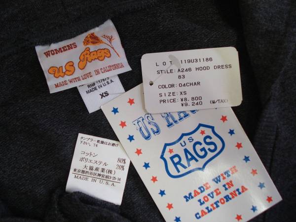 新品USA製*US Rags*裏毛フードパーカーワンピースXS定価9240/109*_画像3