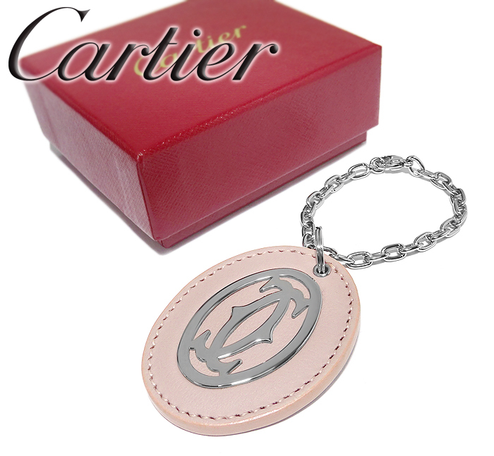 [ super-beauty goods almost unused ] Cartier Cartier Logo charm key holder small articles leather leather metal pink silver men's lady's box attaching 