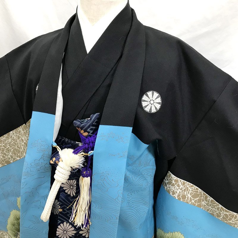セット　七五三　5歳　男の子　羽織　袴　長着　長襦袢　黒　兜　金プリント　家紋