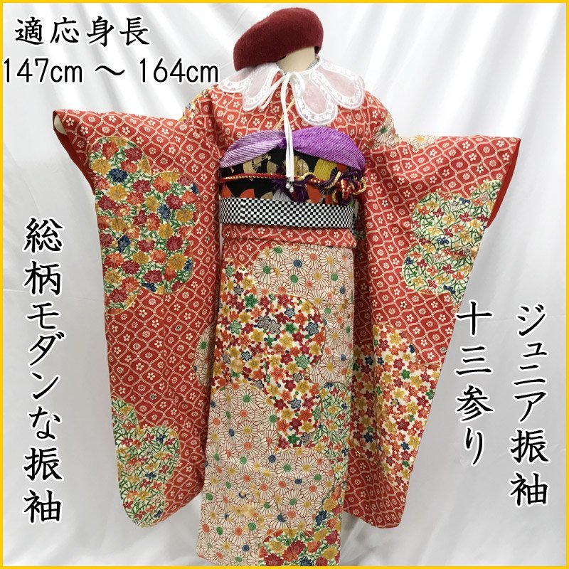 ■ジュニア振袖&袋帯 十三参り 金駒刺繍 モダン■状態良好 301aj25