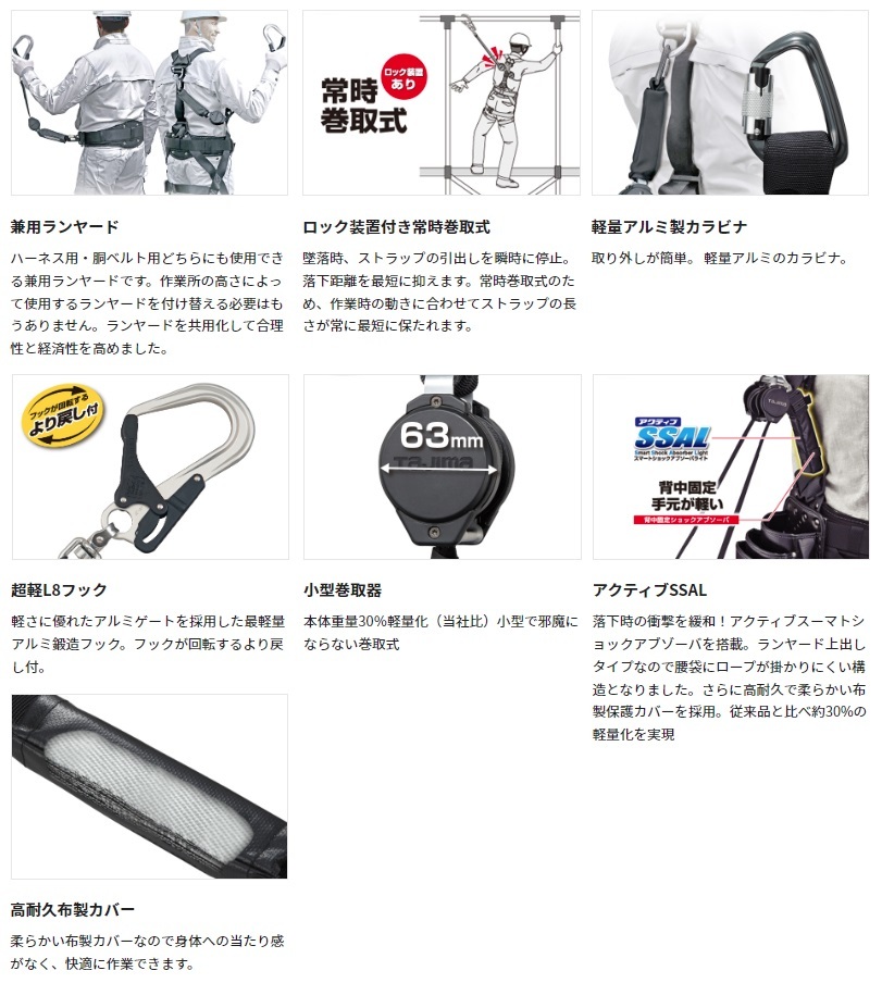 新規格 タジマ ハーネス用・胴ベルト用 ランヤード VR150L シングルL8