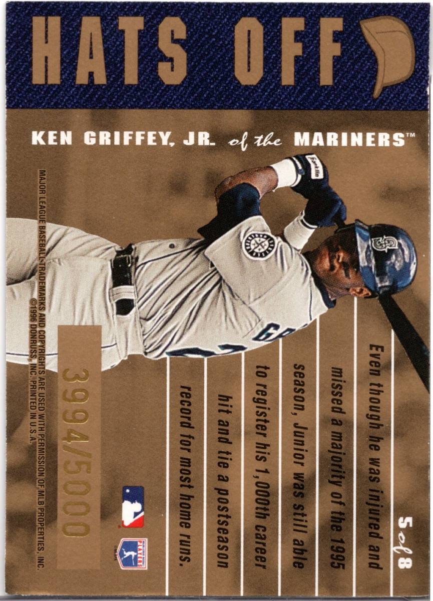 ケン グリフィー Jr. 1996 Leaf Hats Off #5 Ken Griffey Jr. Felt Insert Card Rare 3994/5000の画像2
