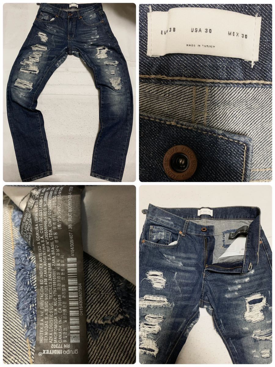 ZARA ザラ ダメージデニム ジーンズ リペア加工 インディゴ W30 ZARA ザラ ダメージデニム ジーンズ リペア加工 インディゴ W30