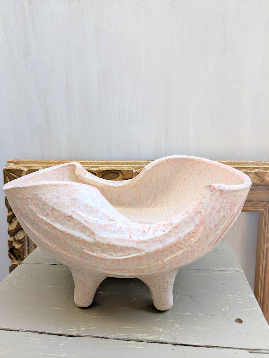 昭和レトロ　花器　花瓶　フラワーベース　ピンク　クラック模様　脚付き　ピンク　Japanese Vintage Flower Vase