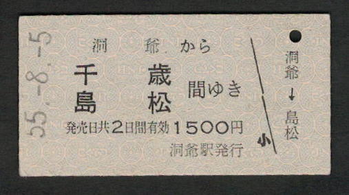 A型青地紋乗車券 洞爺から千歳/島松 昭和50年代（払戻券）_画像1