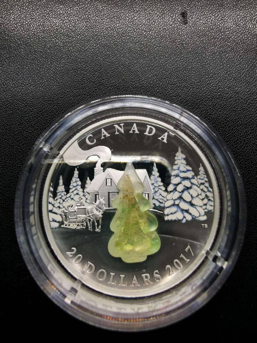 美品 記念コイン カナダ 雪をかぶった木 $20銀貨 Canada 2017 20$ Murano Glass Snow Covered Tree