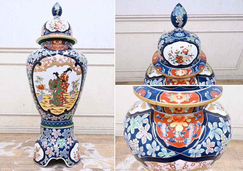 KY19 伝統工芸 有田焼 金龍窯 博山作 金襴手 染錦 大型 飾り壷 飾壷