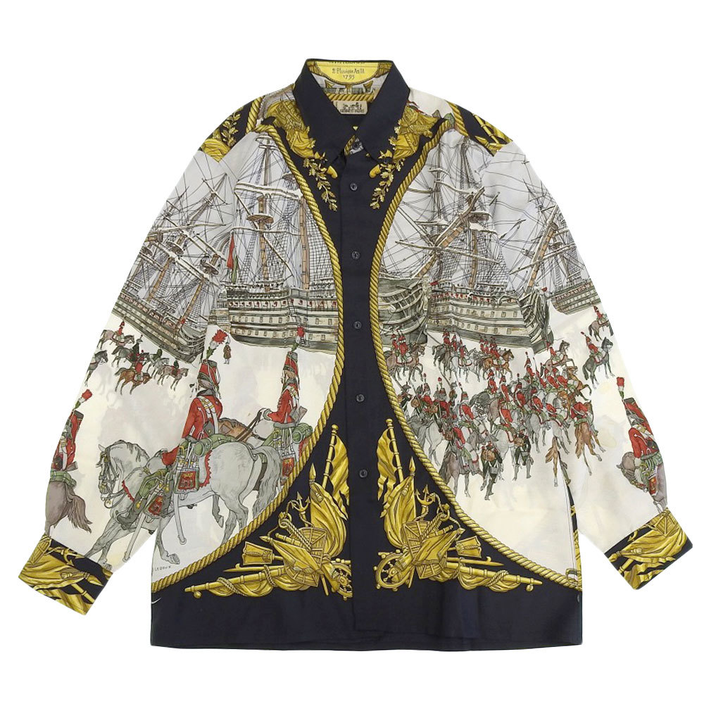 HERMES エルメス 総プリント スカーフシャツ シルクシャツ トップス