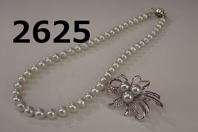 AC-2625 きれいな輝き 本真珠 ネックレス ブローチ シルバーカラー/グレー大粒玉 7.5mm レタパ370発送可 の画像1