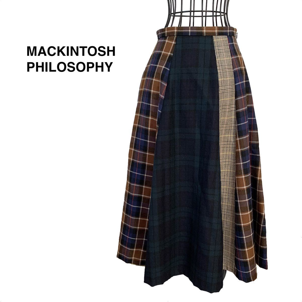 ☆美品 マッキントッシュフィロソフィー MACKINTOSH PHILOSOPHY チェック 切替 ミモレ丈 フレアスカート ロングスカート  プリーツスカート