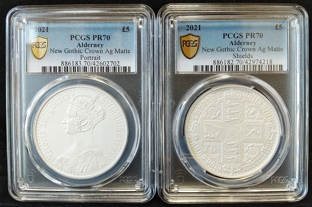 2枚セット 2021年 オルダニー ゴチッククラウン 5ポンド マットプルーフ 銀貨 PCGS PR70 ゴシッククラウン イギリス