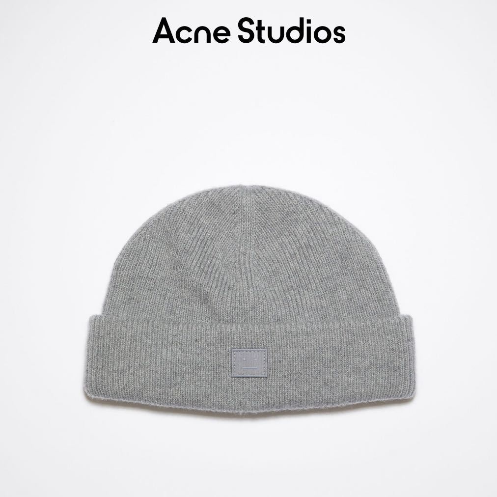 新品 Acne Studios アクネ ストゥディオズ フェイスパッチ リブ編み ビーニー ニットキャップ ニット帽 ユニセックス グレーメランジ
