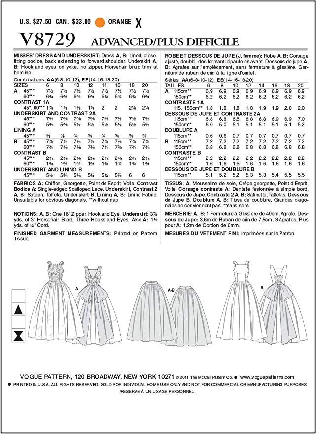 vogue patterns】ウェディングドレス 型紙 サイズ：US6-8-10-12