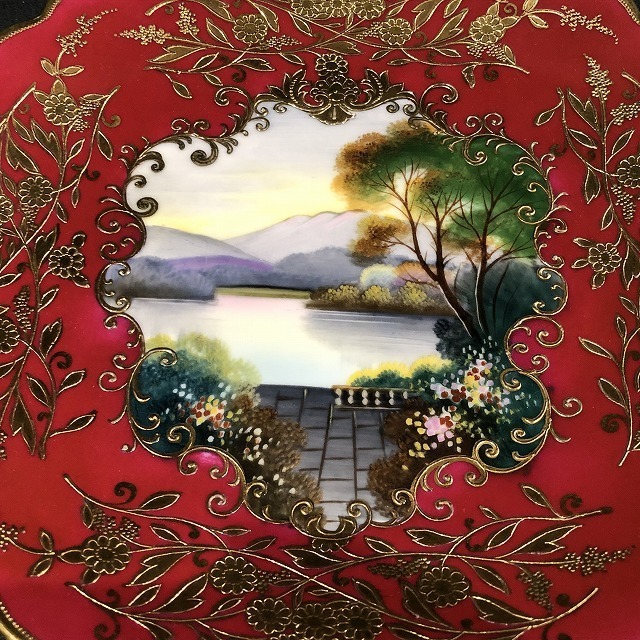 オールドノリタケ 金点盛り湖畔風景文飾り皿 ジュエル プレート