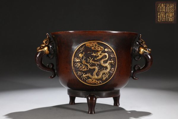 明代 大明宣徳年製 古銅彫 塗金花鳥紋蓋盒【仁】古銅器 置物擺件 古賞