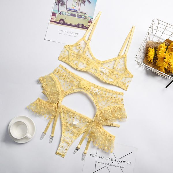  top and bottom 3 set yellow M size fine quality floral print embroidery super sexy.. lady's garter Ran Jerry baby doll ero underwear cosplay costume 