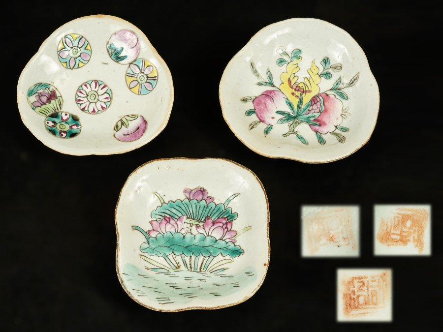 ●中国　陶印　粉彩　古い皿　三客●_画像1