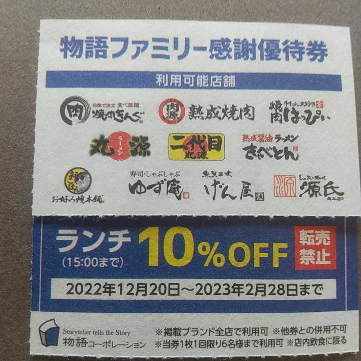 10%OFF 物語コーポレーション優待券 焼き肉きんぐ ゆず庵割引券2枚