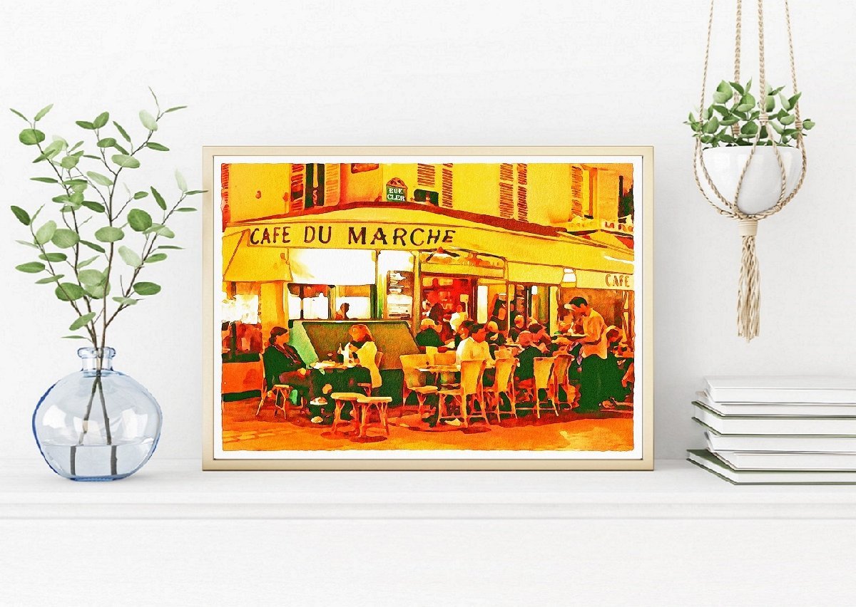 インテリアポスター フランス パリの風景 デジタルアートイラスト (街角のオープンカフェ) A3サイズ(297×420mm) as12_画像2