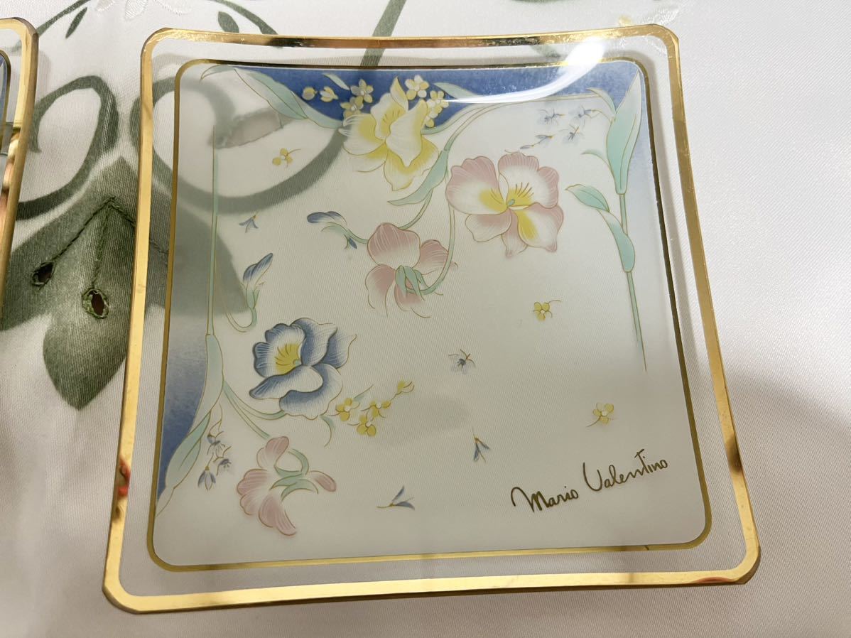 5枚セット！マリオ・ヴァレンチノ バレンチノ 花柄ガラスプレート お皿 金縁 正方形 角皿 食器 アンティークレトロデザート皿