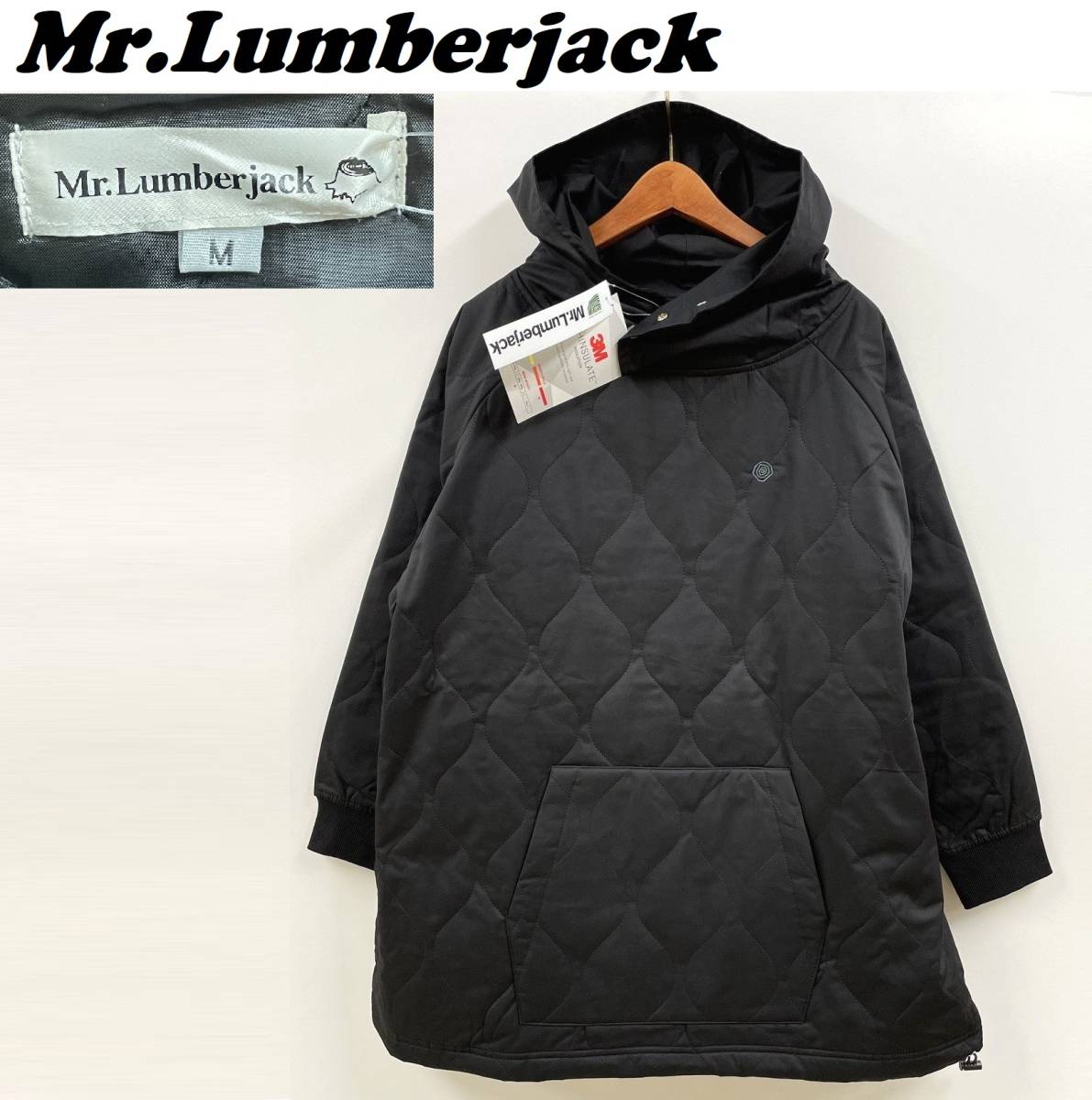 未使用品 /M/ Mr.Lumberjack キルティングパーカー ブラック 長袖 リブ 刺繍 ハイネック 暖かい 薄中綿 ビックシルエット ランバージャック