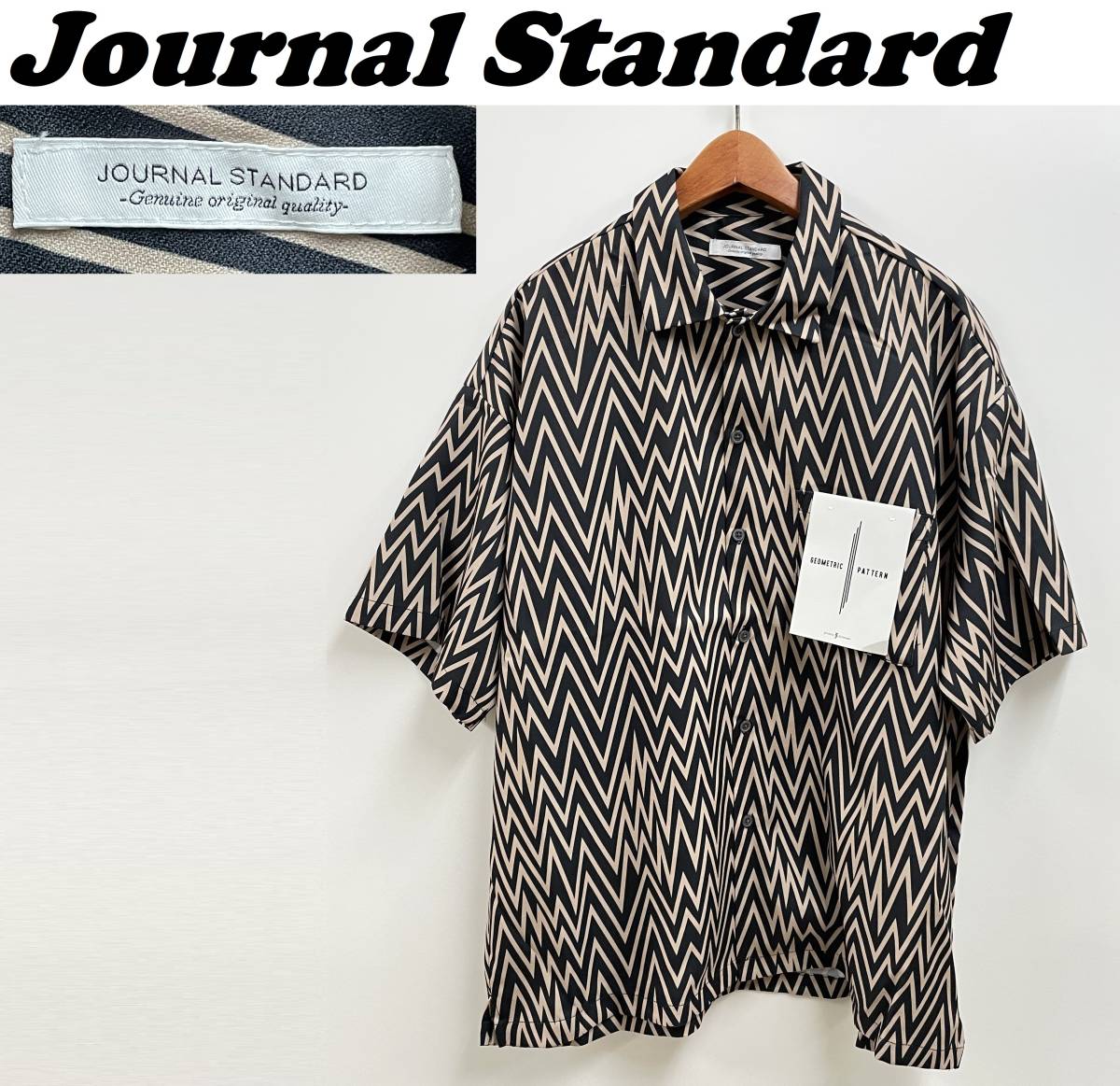 未使用 /M/ Journal Standard 半袖シャツ ジャーナルスタンダード ブラック ベージュ ジオメパターン GEOM ワイドシルエット 総柄 柄シャツ_画像1